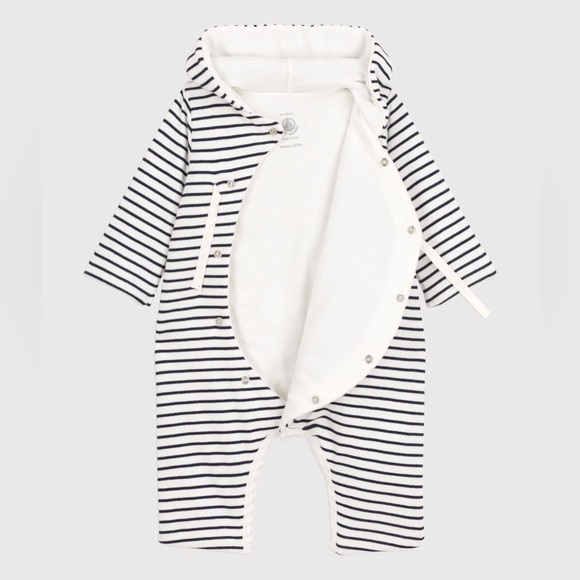 PETITE BATEAU navy Baby's Striped Hooded Coveralls - Picture 2 of 9